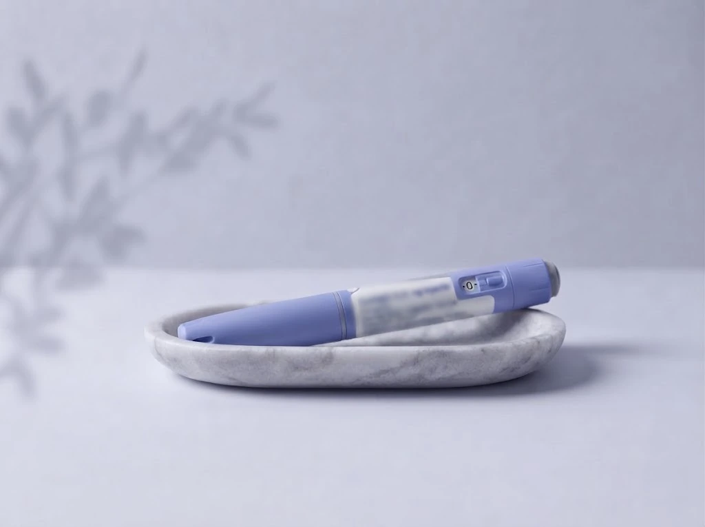 Injection pen in a marble dish on a lavender grey background