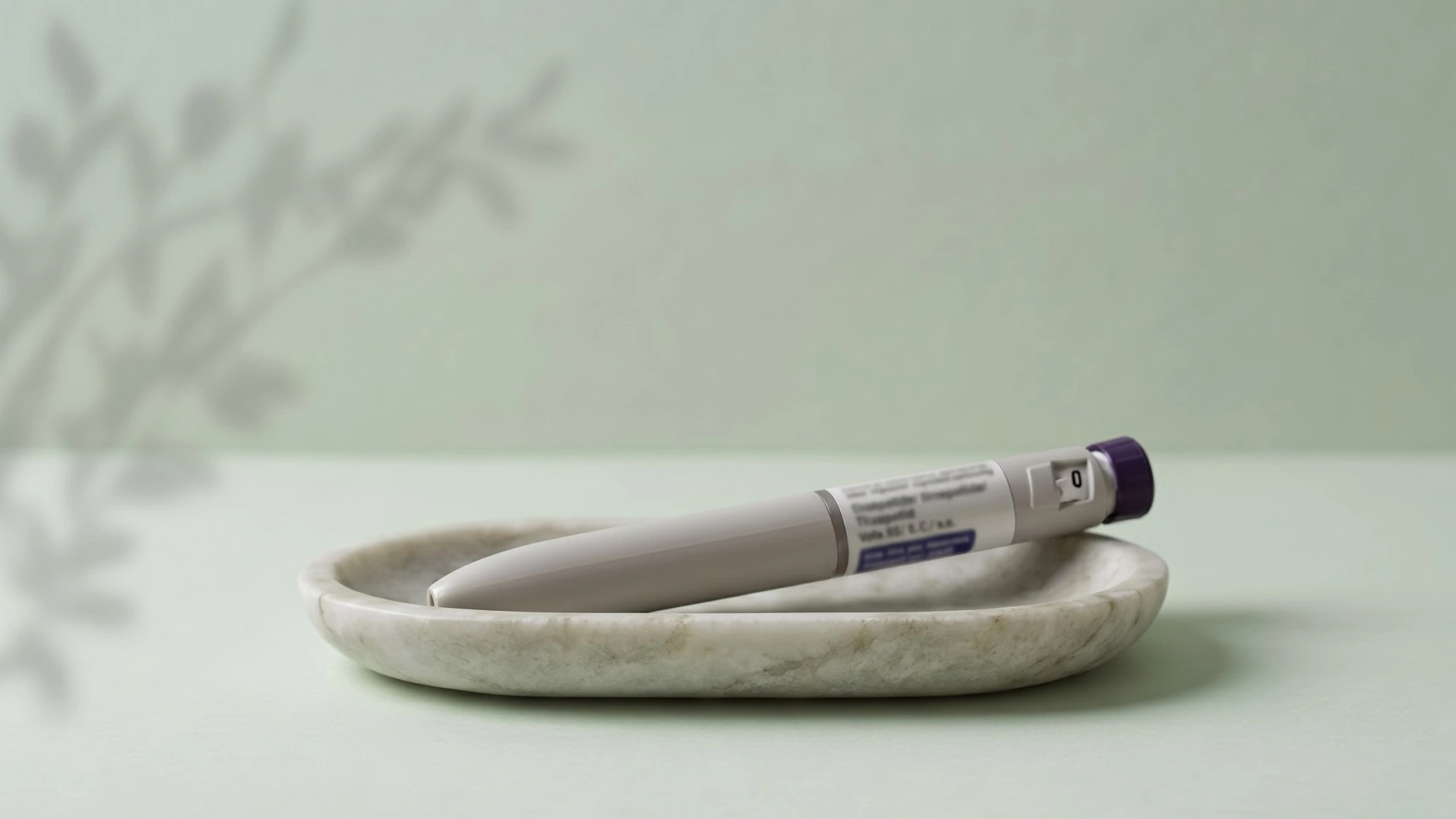 Injection pen in a marble dish on a sage green background