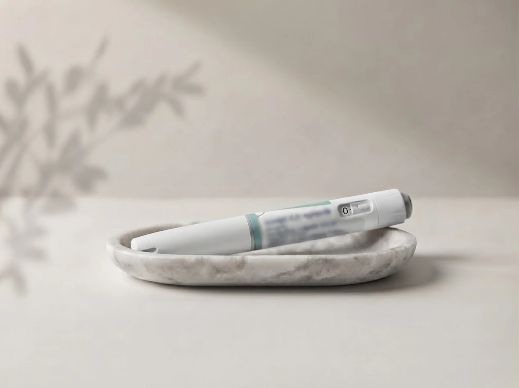 Injection pen in a marble dish on a sand coloured background