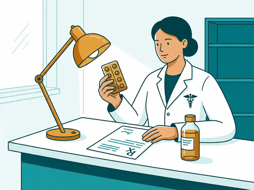 Apotheker in witte jas inspecteert medicijnverpakking aan klinische balie met recept, vlakke vectorillustratie in teal en amber.