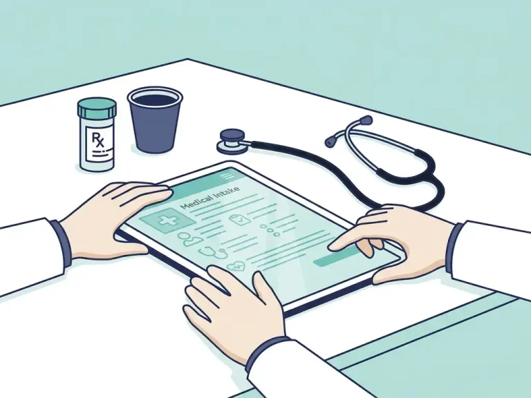 Arts bekijkt digitaal medisch intakeformulier op tablet, met stethoscoop en medicijnflesje op wit bureau.