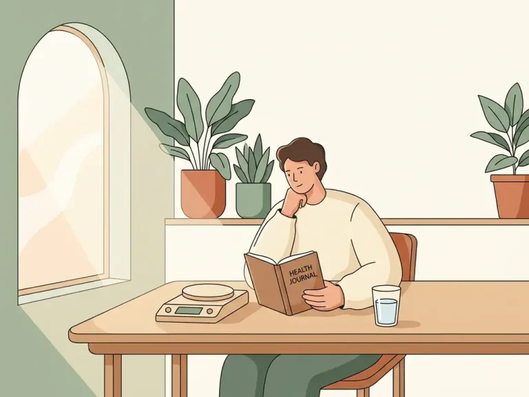 Persoon aan minimalistische thuiswerkplek met gezondheidsjournal, weegschaal en glas water, omringd door kamerplanten in zachte groene tinten.