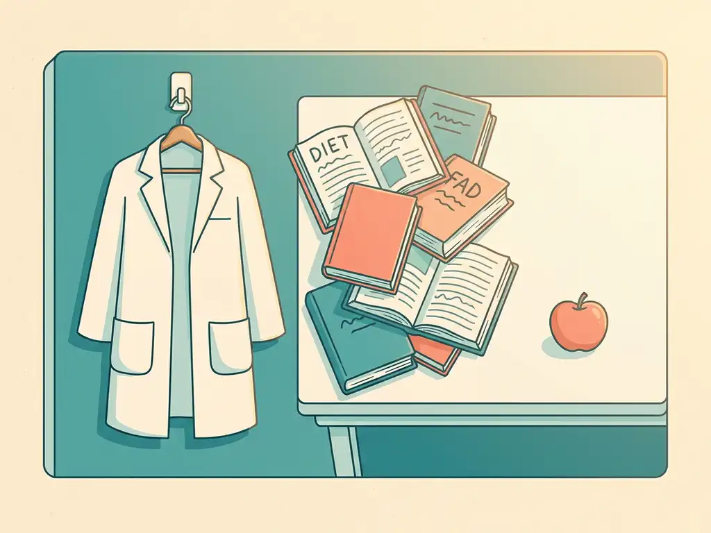 Witte doktersjas naast een stapel dieetboeken en een appel op een klinisch bureau in rustgevende tint- en crèmetinten.