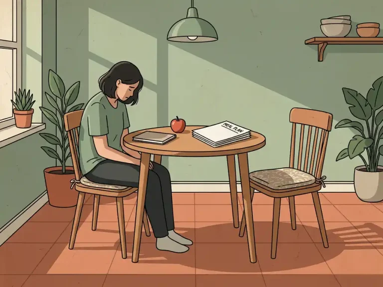 Eenzame persoon aan keukentafel met een appel en ongebruikt maaltijdplan, lege stoel ernaast, warme tinten en zacht zijlicht.