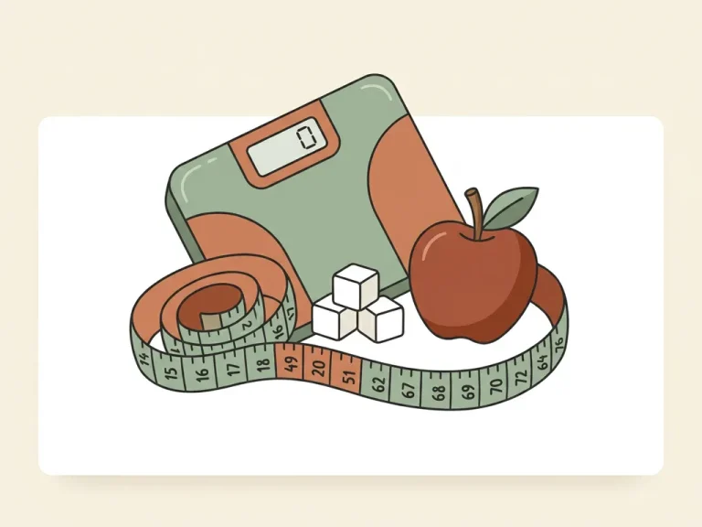 Badkamerweegschaal met meetlint, suikerklontjes en appel op witte ondergrond, symbool voor gezond gewichtsbeheer.