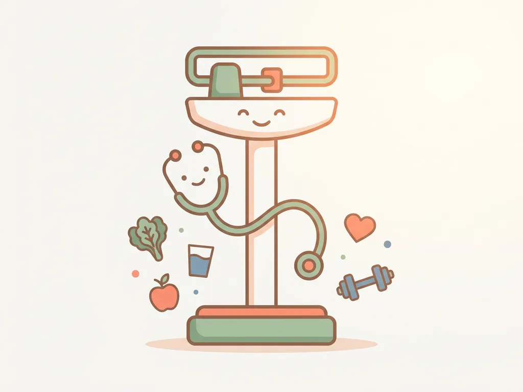 Vriendelijke illustratie van een weegschaal met stethoscoop, omringd door gezondheidsiconen zoals groente en een glas water.