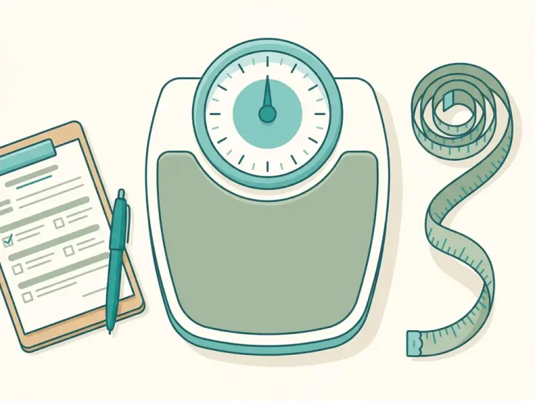 Medische weegschaal met meetlint en intake-formulier op klembord, platte vectorillustratie in zacht teal en saliegroen.