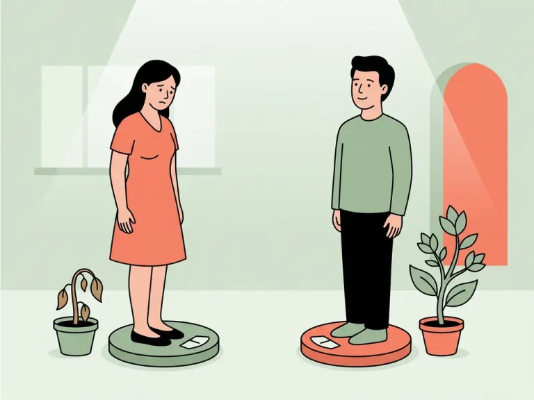 Vrouw en man op weegschalen naast elkaar, zij met verwelkend plantje, hij met bloeiende scheut, die verschillen in afslanksnelheid symboliseren.