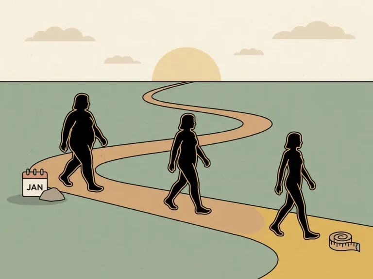 Silhouet van een persoon die geleidelijk slanker wordt langs een wandelpad met een kalender en meetlint, in zachte groene en zandtinten.