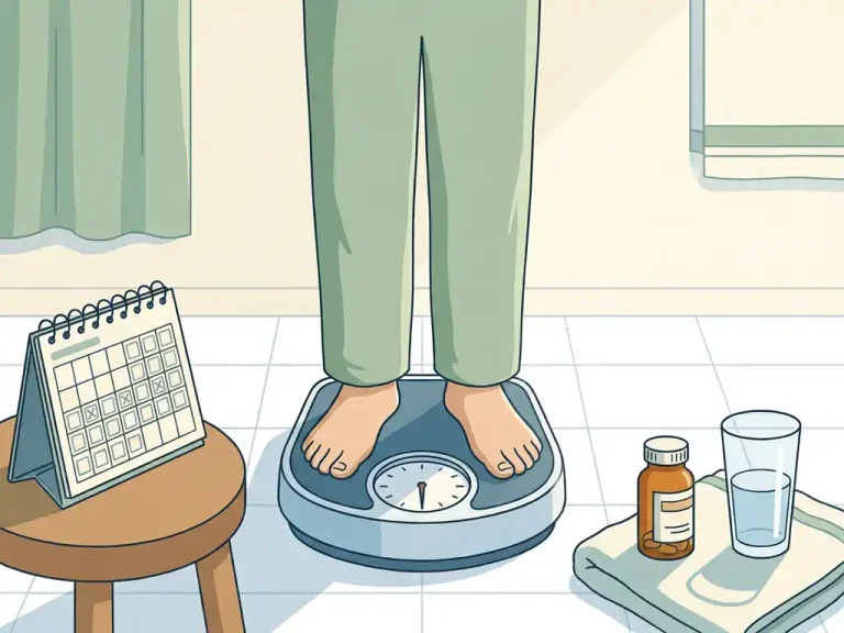Persoon op een weegschaal naast een kalender, medicijnflesje en glas water, symboliseert geleidelijke gewichtsafname met medicatie.