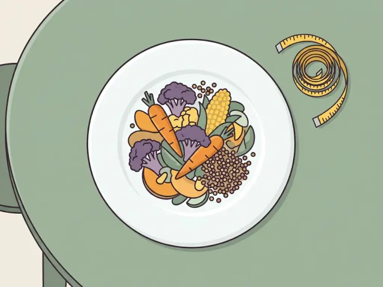 Kleurrijke groenten en granen op wit bord naast een meetlint, vectorillustratie over gezond eten en gewichtsbeheersing.