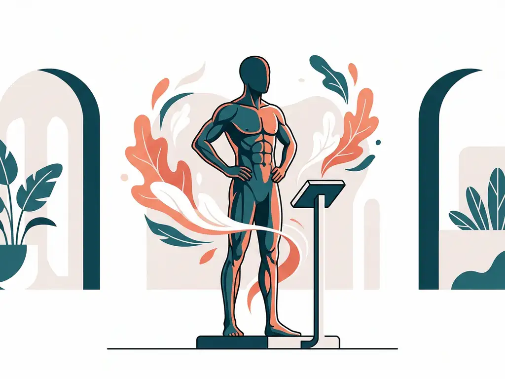 Atletisch menselijk silhouet met spierdefinitie staand op een weegschaal in een medische welzijnsomgeving met koraal, wit en teal tinten.