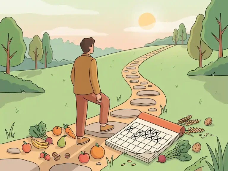 Persoon die halverwege een kronkelend pad omhoog pauzeert, omringd door gezonde voeding en een kalender, in zachte groene en terracotta tinten.