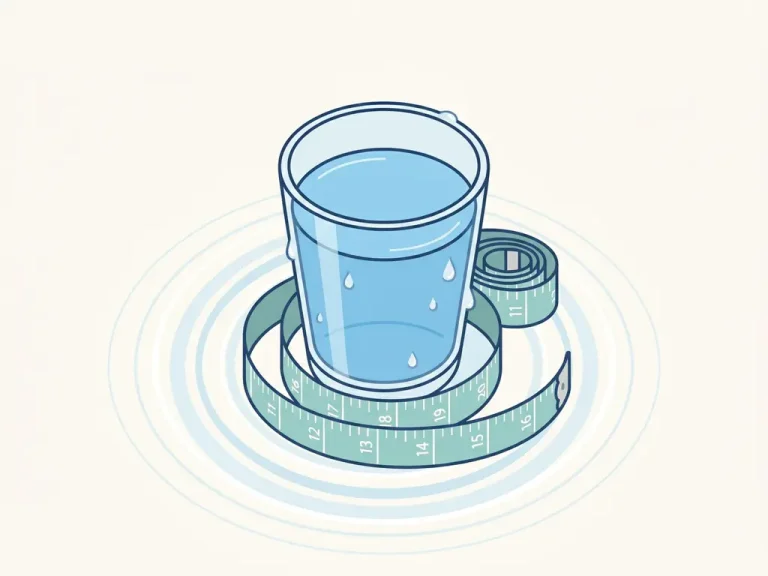 Glazen water met druppels op het oppervlak, omringd door een meetlint op witte achtergrond, bovenaanzicht.