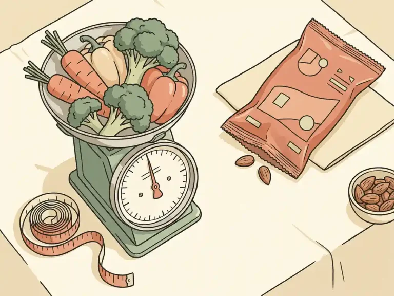 Keukenweegschaal met verse groenten en meetlint naast een ongeopend snackzakje, symbool voor de strijd tussen gezond eten en verleidingen.