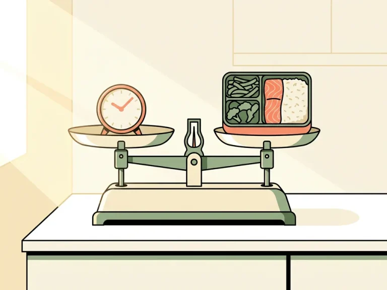 Keukenweegschaal in evenwicht met een klok en een portie-gecontroleerde maaltijd, vlakke vectorillustratie in warme tinten.