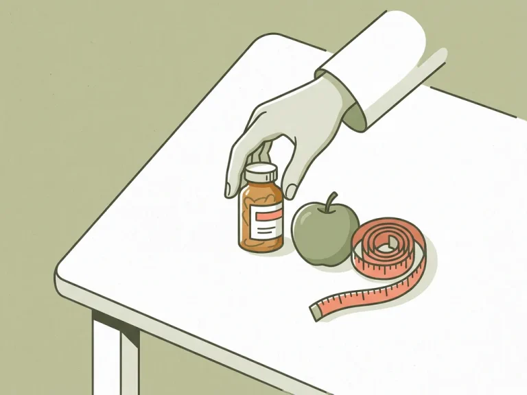 Doktershand plaatst medicatieflesje naast groene appel en meetlint op wit bureau, symbool voor gezondheid en leefstijl.
