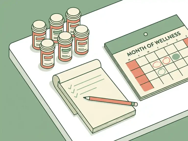 Bovenaanzicht van medicijnflesjes, een notitieboekje en kalender op wit bureau, klaar voor een gezondheidsreis.