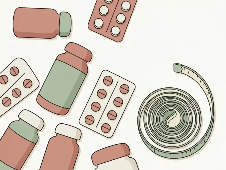 Medicijnflesjes en blisterverpakkingen met een meetlint op een wit oppervlak, vlakke illustratie in roze, saliegroen en gebroken wit.