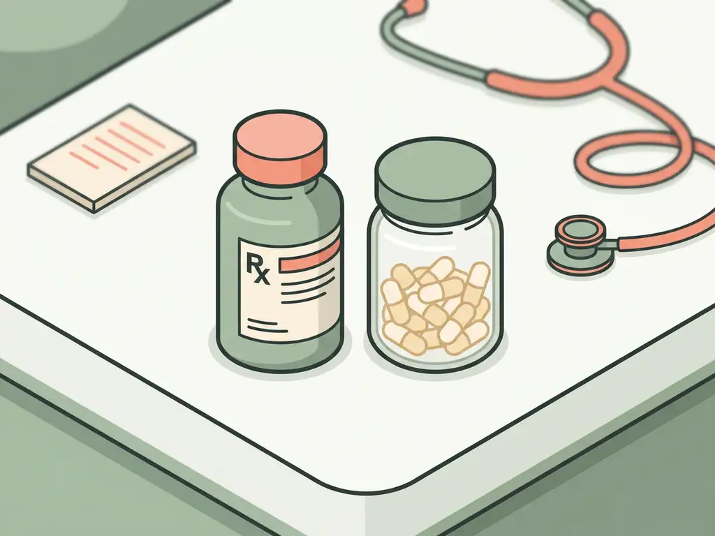 Voorschriftfles en supplementenpotje naast elkaar op wit klinisch oppervlak, met stethoscoop en notitieblok op de achtergrond.
