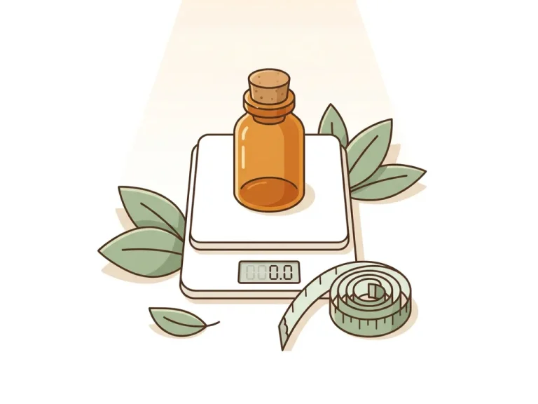 Amber medicijnflesje op een witte keukenweegschaal, omringd door groene blaadjes en een meetlint, vlakke vectorillustratie.