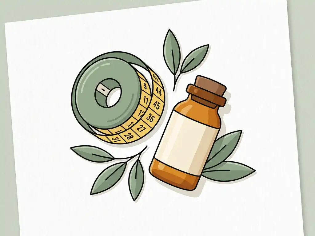 Meetlint en amber medicijnflesje op wit oppervlak, omringd door zachte groene bladeren in een rustgevende flat lay compositie.