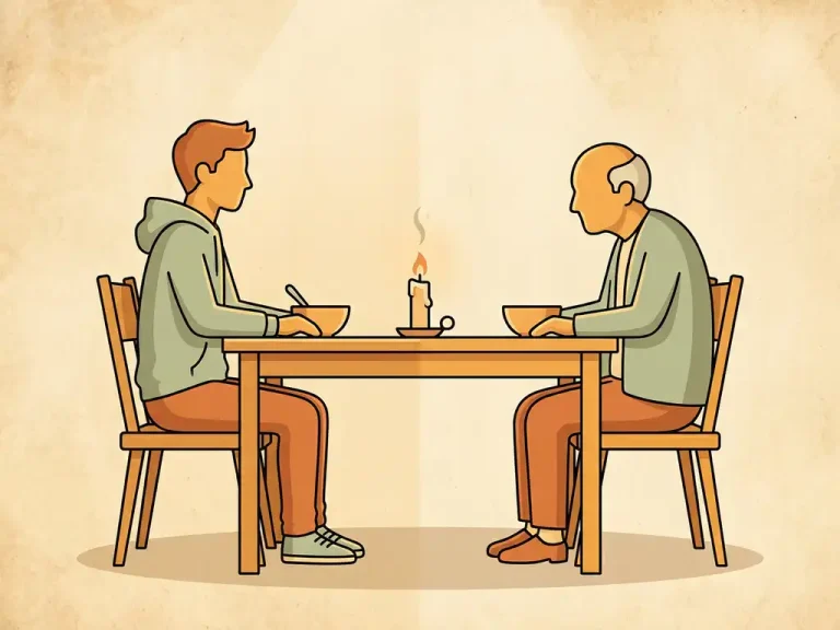 Jonge en oudere menselijke silhouetten aan een keukentafel met een kom eten en een brandende kaars die metabolisme symboliseert.