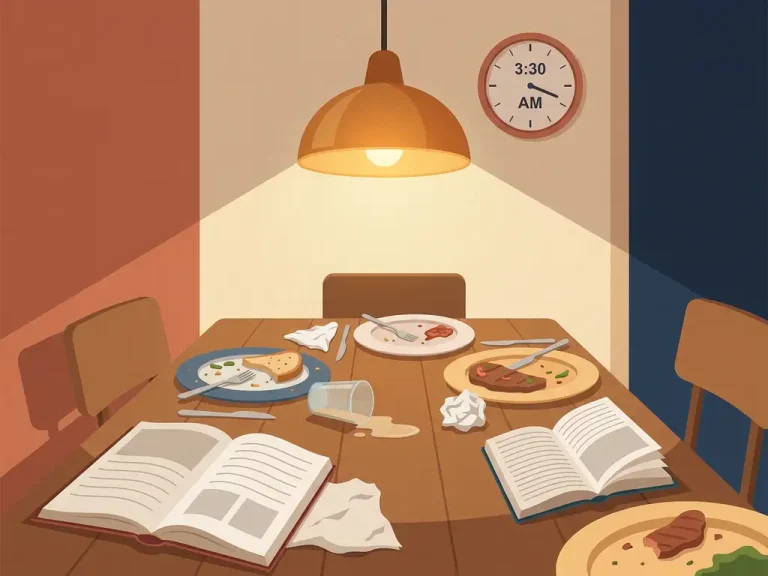 Rommelige keukentafel met half opgegeten maaltijd, omgevallen glas en wandklok die laat nachtelijk tijdstip toont, verlicht door warm amber lamp.