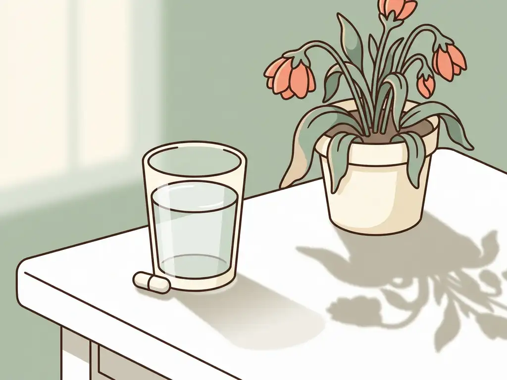 Wit capsule naast een glas water op een witte ondergrond, met een verwelkende plant die geleidelijke verandering symboliseert.