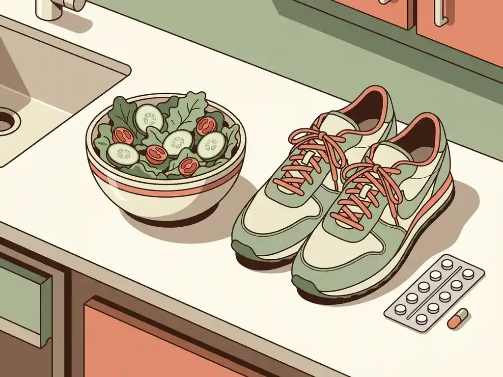 Saladeschaal en hardloopschoenen naast een medicijnstrip op een wit keukenblad, symbool voor gezonde leefstijl en medische ondersteuning.