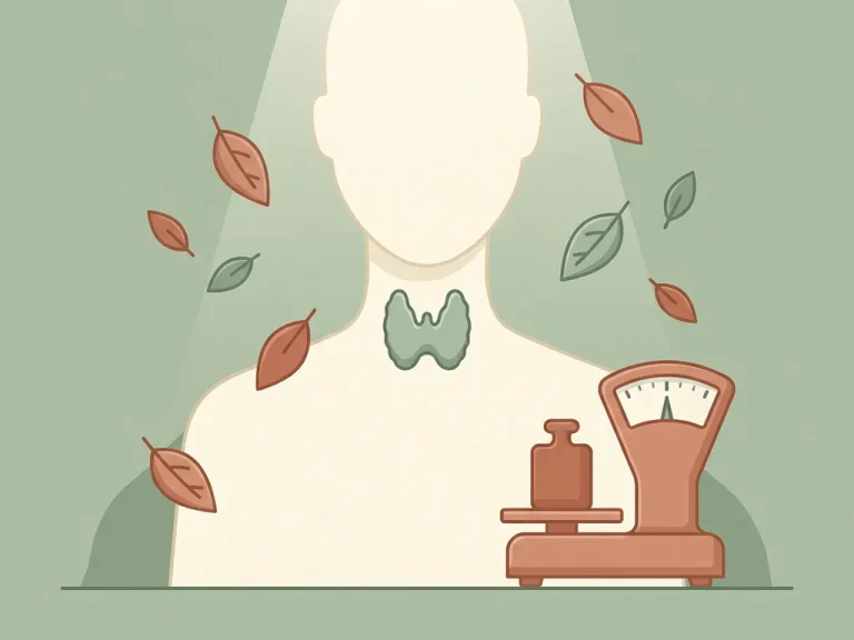 Schildkliervorm in menselijk silhouet omringd door herfstbladeren en weegschaal, illustratie over schildklier en gewicht.