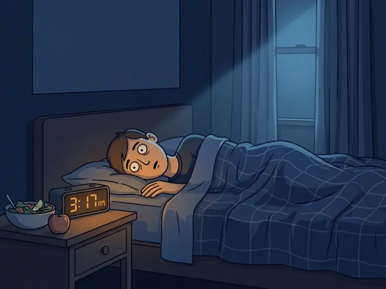 Persoon die wakker ligt in donkere slaapkamer met gloeiende digitale wekker en onaangeroerd gezond eten op het nachtkastje.