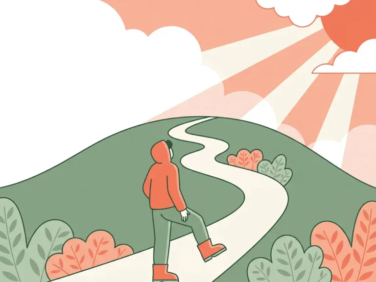 Persoon aan de voet van een steile heuvel, één voet opgeheven, kronkelend pad omhoog in zacht ochtendlicht, vector illustratie in salie groen en koraal.