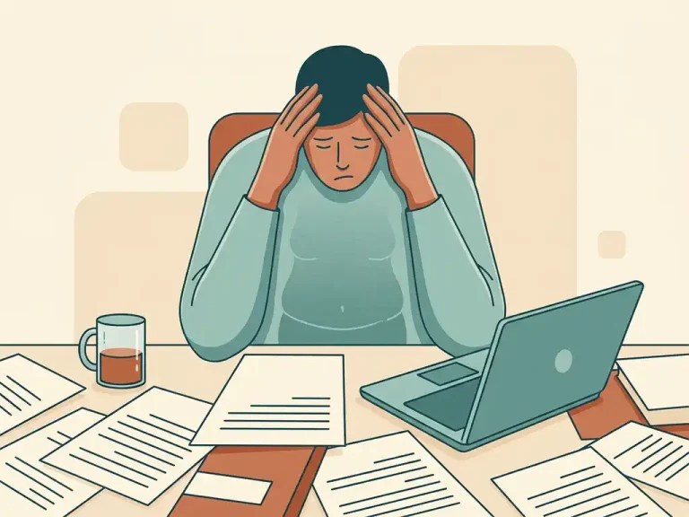 Gestrest persoon aan rommelig bureau met handen tegen slapen, zichtbare gewichtstoename, omringd door papieren en koude koffie.