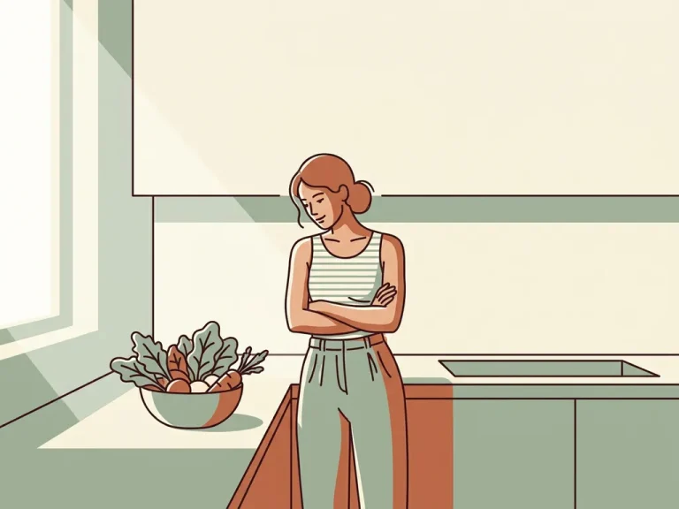 Vrouw van middelbare leeftijd in moderne keuken, peinzend kijkend naar kom verse groenten, illustratie in salie- en terracottakleuren.