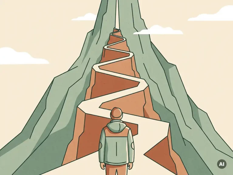 Wandelaar aan de voet van een steile bergweg kijkt omhoog naar een slingerende, smaller wordende route naar de top.