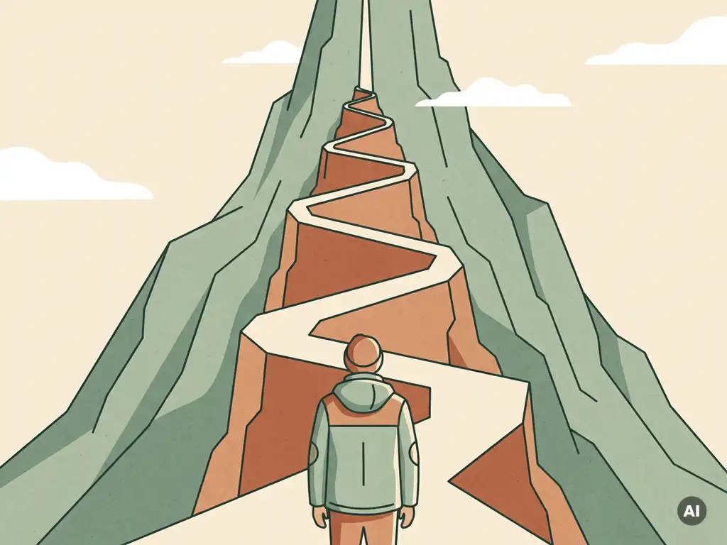 Wandelaar aan de voet van een steile bergweg kijkt omhoog naar een slingerende, smaller wordende route naar de top.