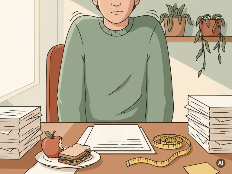 Persoon met gespannen schouders aan rommelig bureau, half opgegeten maaltijd en meetlint, verwelkende kamerplanten op achtergrond, vectorillustratie.
