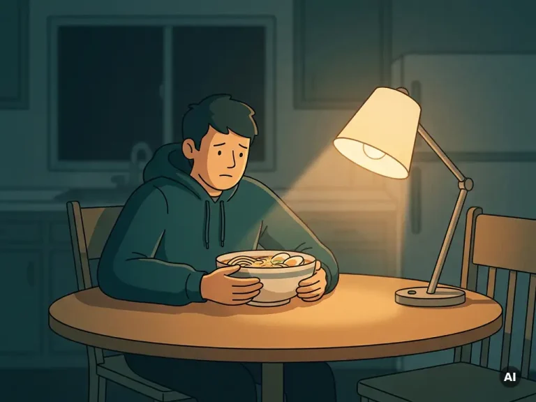 Persoon alleen aan keukentafel 's nachts, handen om een kom comfortfood, warm lamplicht in tinten teal en amber.