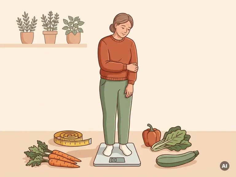 Vrouw op weegschaal omringd door verse groenten en meetlint, vectorillustratie in terracotta en saliegroen tinten.