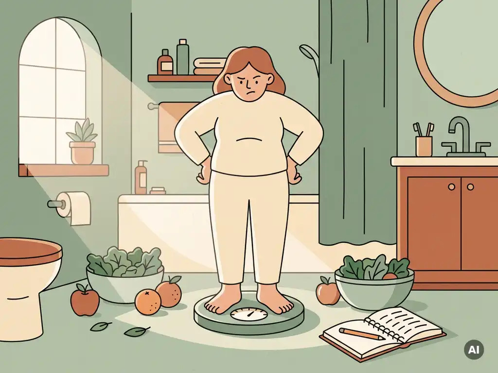 Gefrustreerde persoon op weegschaal omringd door gezond eten en voedingsdagboek, handen in de zij.