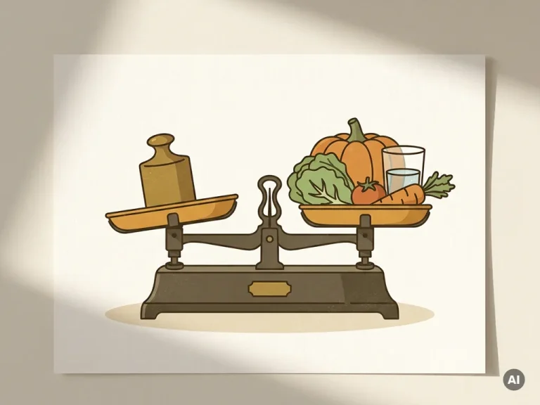 Vintage weegschaal met messing gewicht naast verse groenten en een glas water op wit oppervlak, warm natuurlijk licht.