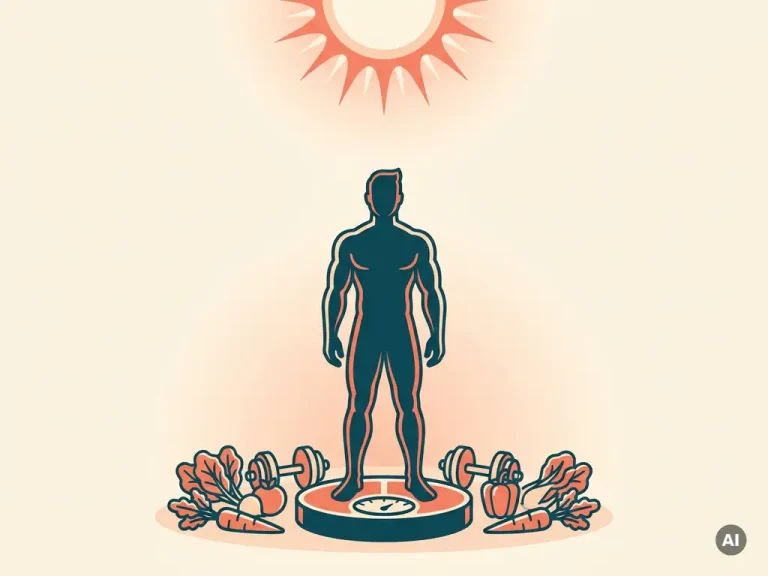 Gespierd menselijk silhouet op weegschaal, omringd door dumbbells en groenten, vectorillustratie in teal, koraal en crème.