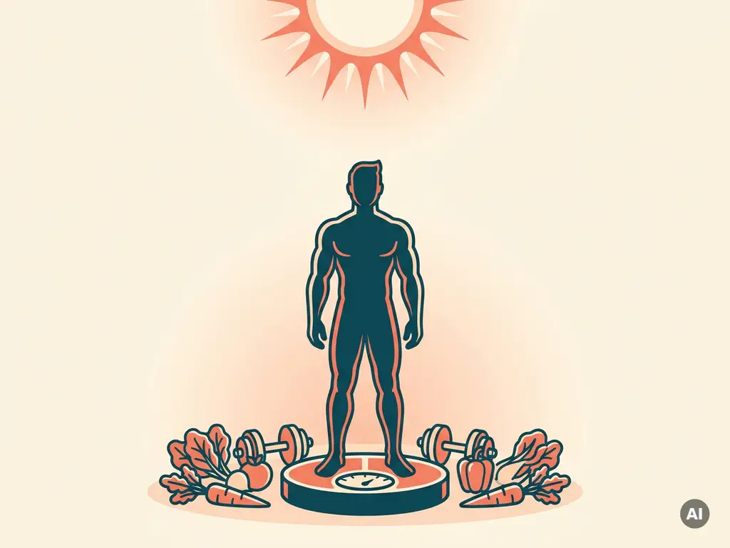 Gespierd menselijk silhouet op weegschaal, omringd door dumbbells en groenten, vectorillustratie in teal, koraal en crème.