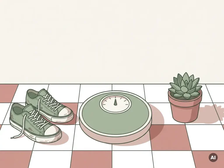 Badkamerweegschaal op tegelvloer naast versleten sneakers en een vetplantje in zacht ochtendlicht.
