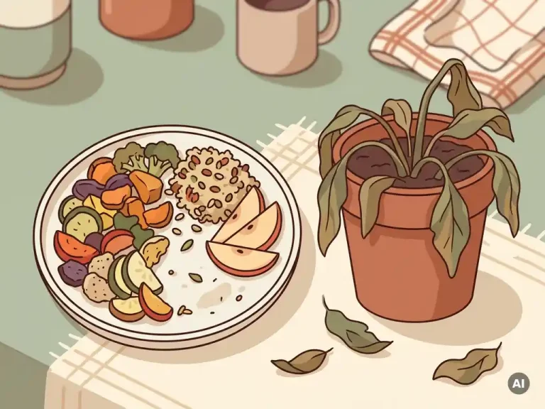 Half-opgegeten bord met kleurrijk gezond eten naast een verwelkende plant, symbool voor vervagend resultaat op lange termijn.