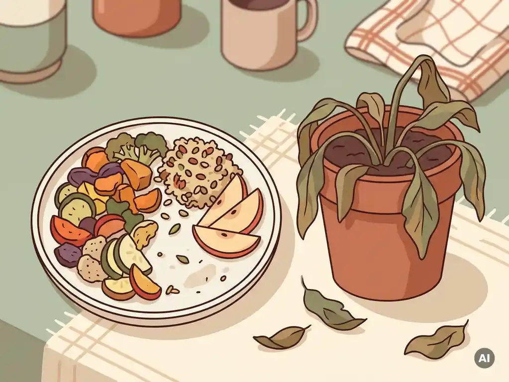 Half-opgegeten bord met kleurrijk gezond eten naast een verwelkende plant, symbool voor vervagend resultaat op lange termijn.