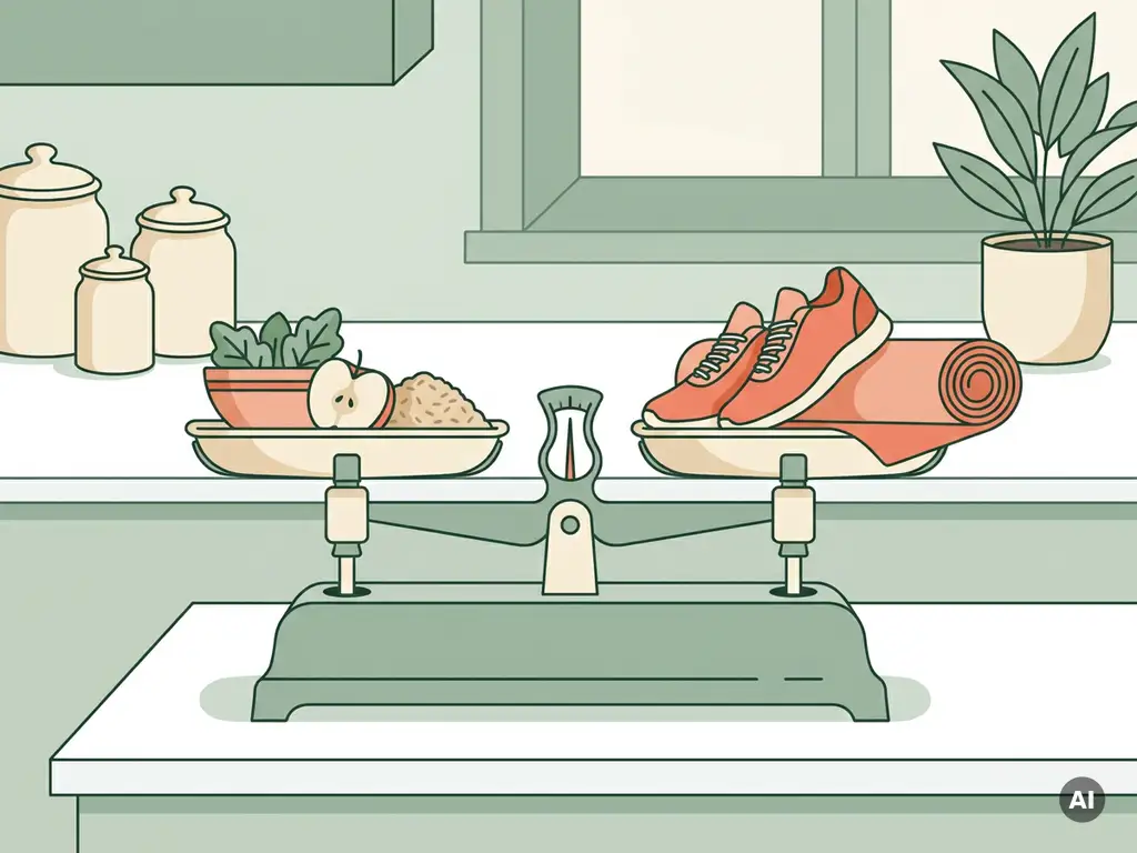 Weegschaal met gezonde maaltijd en hardloopschoenen in evenwicht, vlakke illustratie in saliegroen en koraalrood op wit aanrecht.