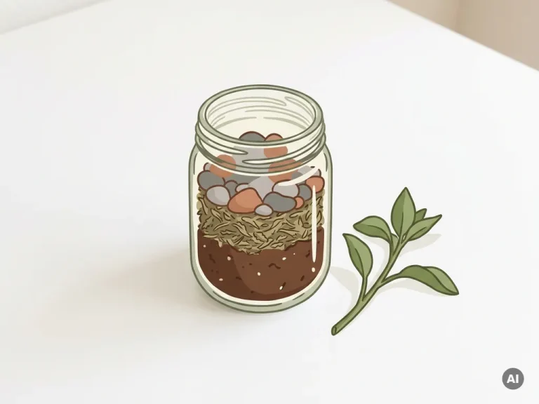 Glazen pot met lagen aarde, gedroogde kruiden en kiezelstenen naast een groene plantenstek op wit oppervlak.