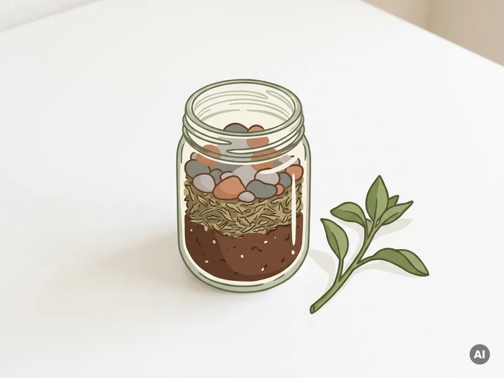 Glazen pot met lagen aarde, gedroogde kruiden en kiezelstenen naast een groene plantenstek op wit oppervlak.